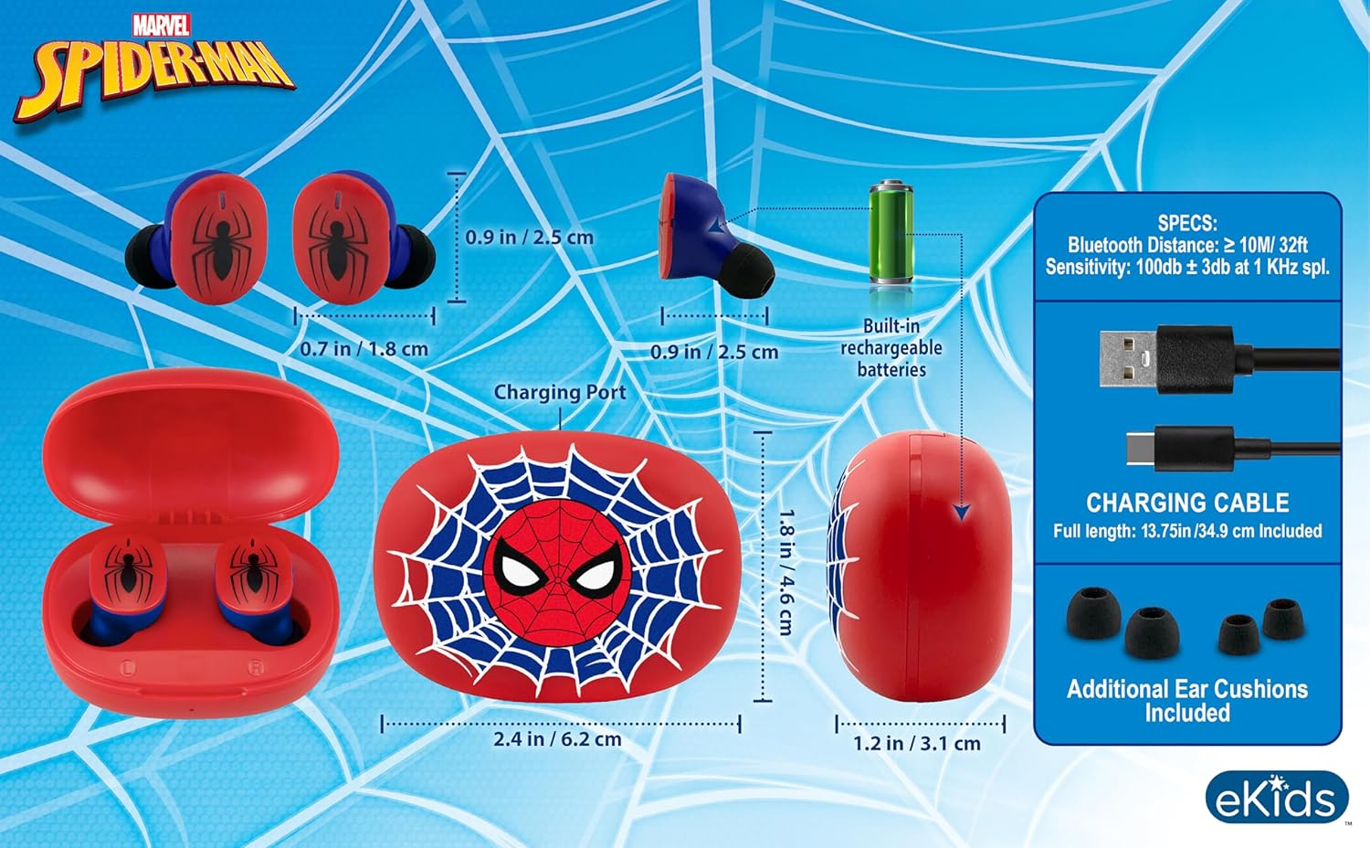 Superhero Wireless Earbuds - Red & Blue Bluetooth Earbuds with Mic & Charging Case for Kids & Adults