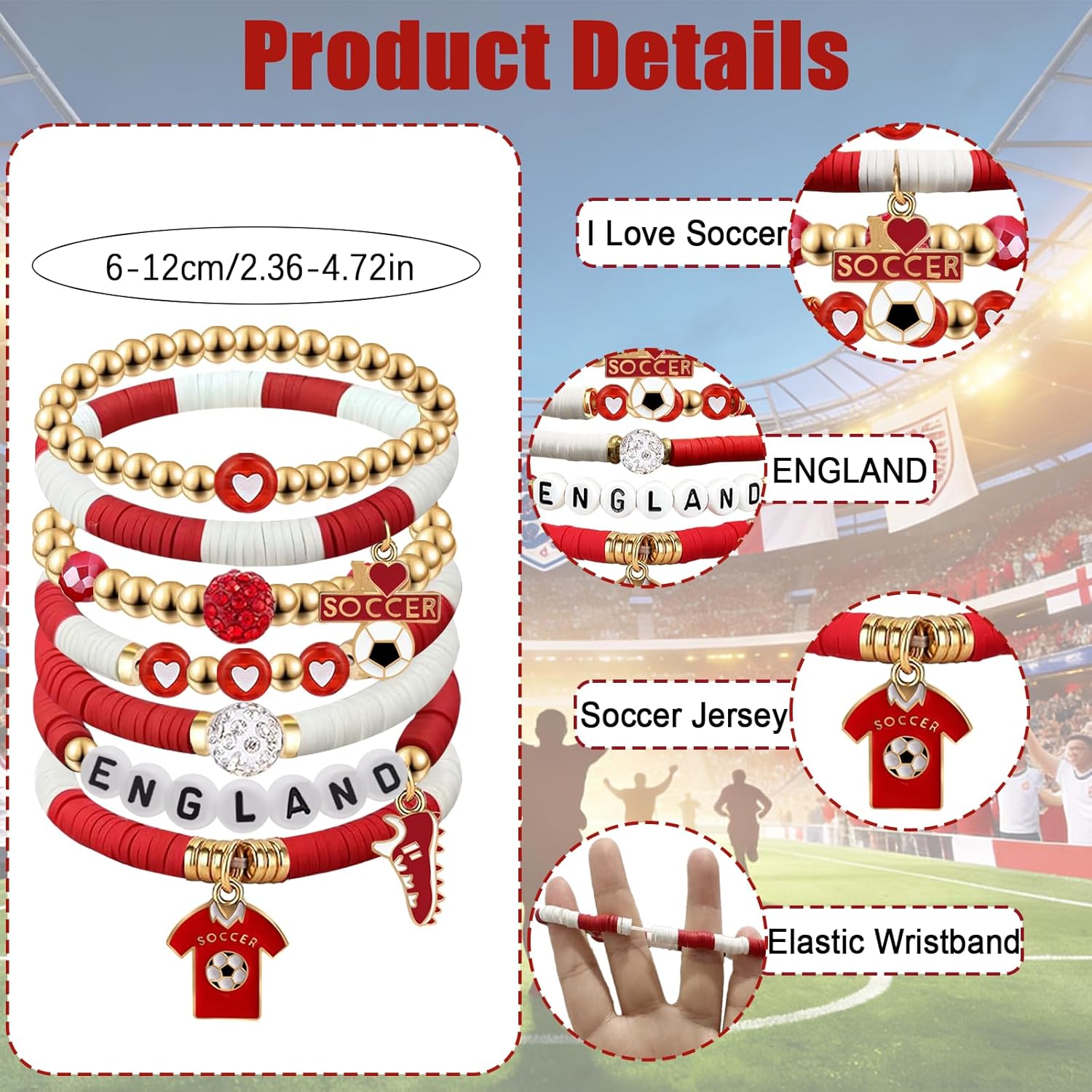 2026 England Soccer Bracelet Set – 8 Piece Stackable Beaded Bracelets with Football Charms, English Flag Colors & Fan Accents | World Cup England Fan Gift