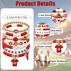 2026 England Soccer Bracelet Set – 8 Piece Stackable Beaded Bracelets with Football Charms, English Flag Colors & Fan Accents | World Cup England Fan Gift