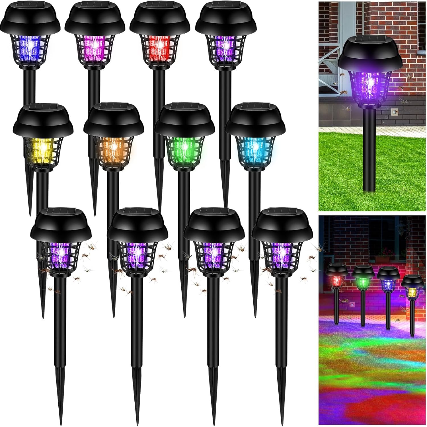 12-Pack Solar Bug Zapper Outdoor – UV Mosquito Killer Lamp with Warm & Purple Light | Auto On/Off Garden Pest Repeller