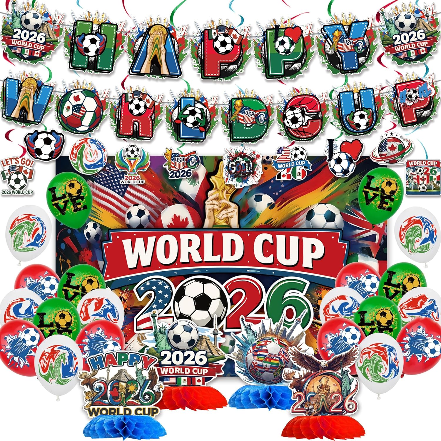 Soccer party decorations set with world cup flag banners and balloons for football watch party