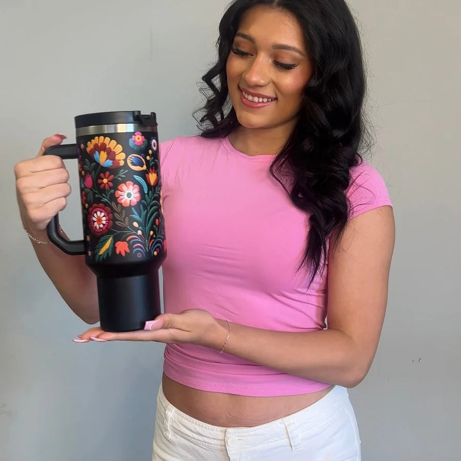 Bordado 40oz Tumbler with Handle | 3D Mexican Embroidery Insulated Cup