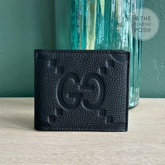 Gucci Jumbo GG Bi-Fold Leather Wallet – Black Calfskin, Authentic