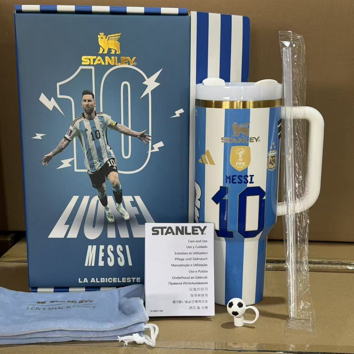 Stanley Argentina #10 World Cup 2026 Soccer Tumbler 40oz insulated cup with straw — blue and white limited edition