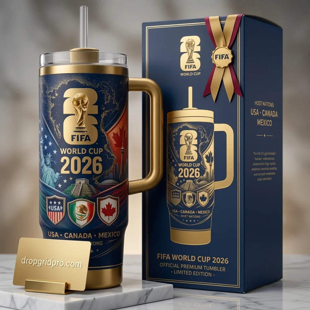Navy and gold FIFA World Cup 2026 Host Nations tumbler with USA Canada Mexico shields
