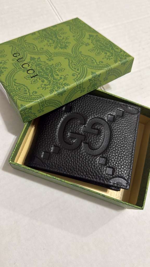 Gucci Jumbo GG Bi-Fold Leather Wallet – Black Calfskin, Authentic