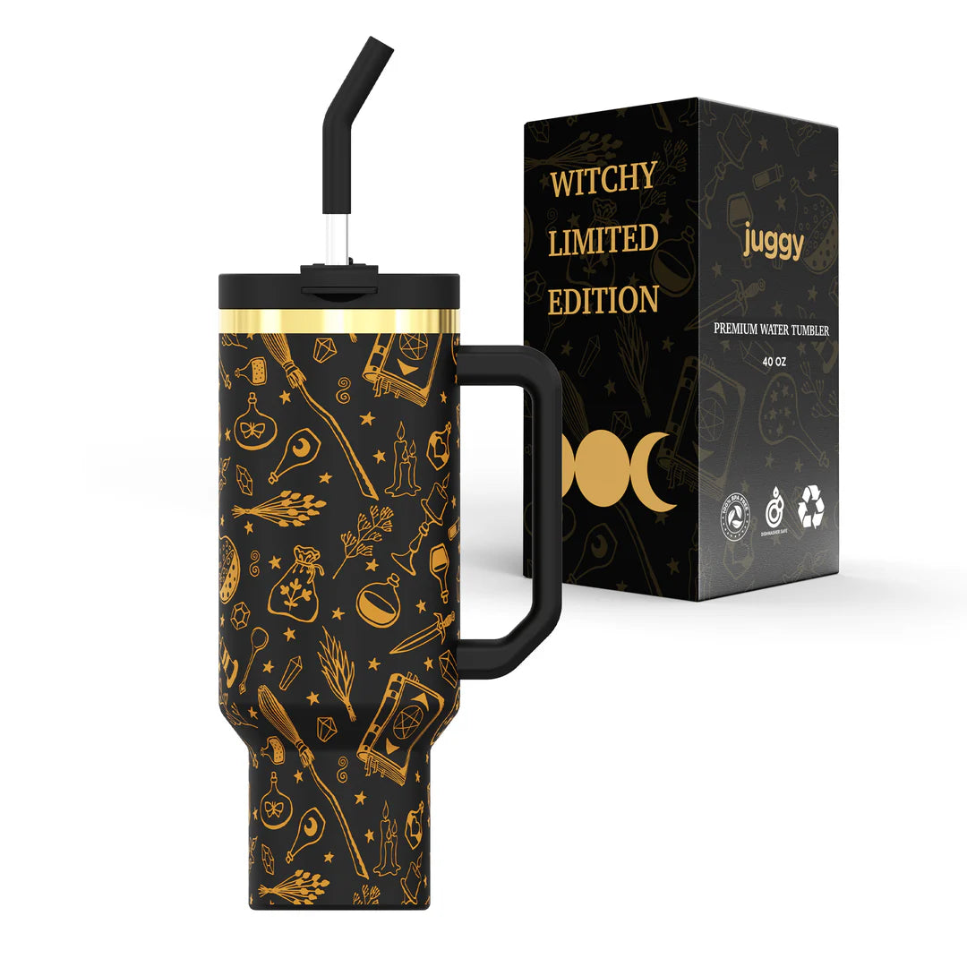 Witchy 40oz insulated tumbler with handle, gothic witch design travel mug in stainless steel for Halloween and witch lovers