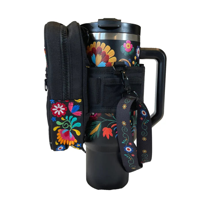 Bordado 40oz Tumbler with Handle - Mexican Embroidered Floral Insulated Travel Mug, Stainless Steel Cup
