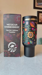 Bordado 40oz Tumbler with Handle - Mexican Embroidered Floral Insulated Travel Mug, Stainless Steel Cup