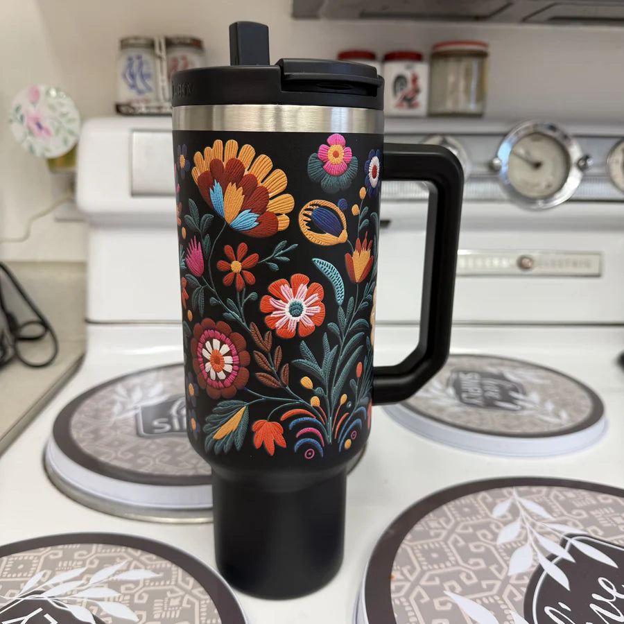 Bordado 40oz Tumbler with Handle | 3D Mexican Embroidery Insulated Cup