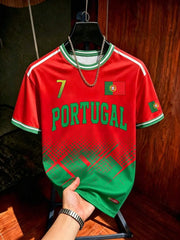Red and green Portugal style number 7 soccer jersey with flag detail, unisex short sleeve football tee