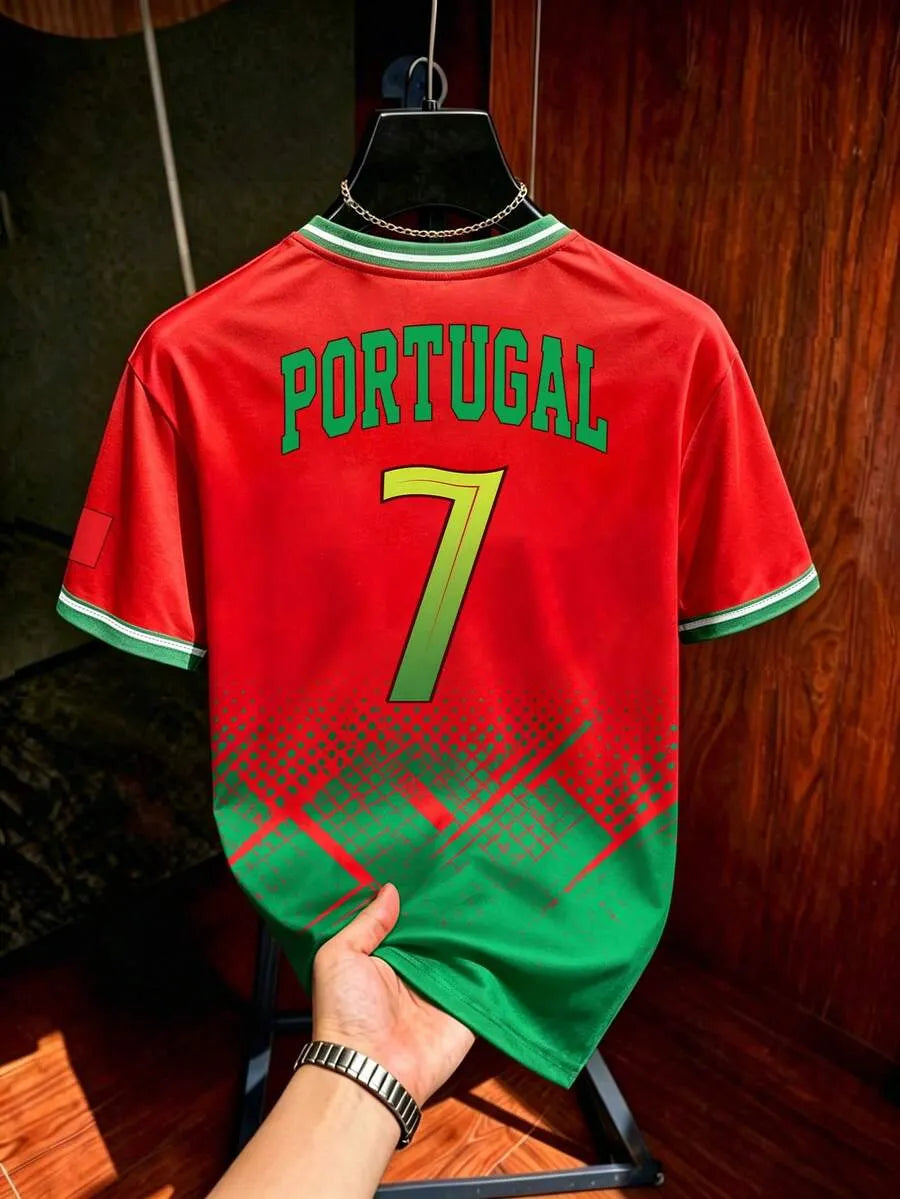 Portugal Style #7 Soccer Jersey – Red & Green Football Tee, Unisex Short Sleeve Sports Shirt for Men & Women