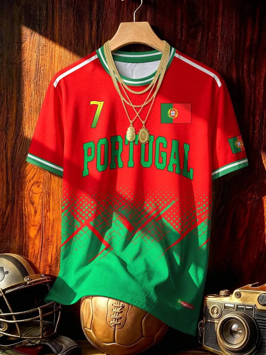 Portugal Style #7 Soccer Jersey – Red & Green Football Tee, Unisex Short Sleeve Sports Shirt for Men & Women