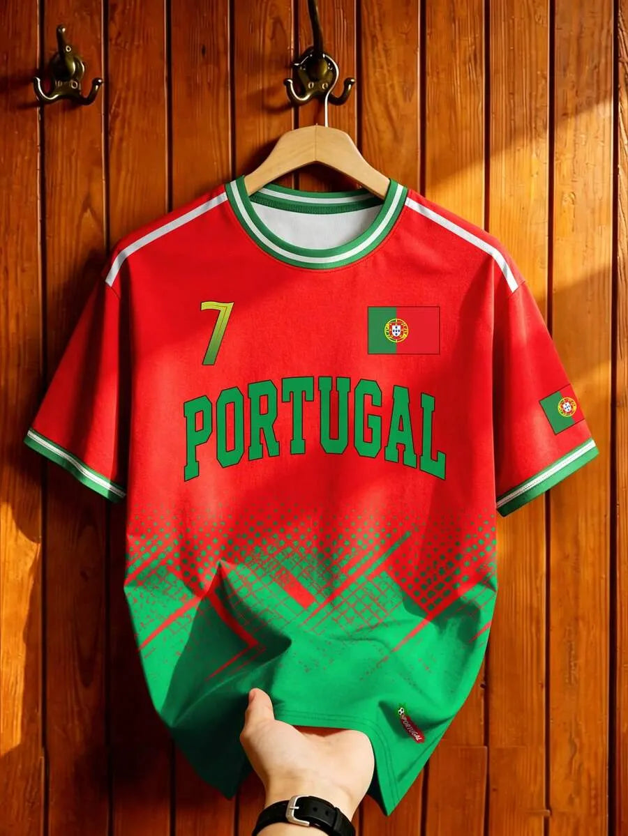 Portugal Style #7 Soccer Jersey – Red & Green Football Tee, Unisex Short Sleeve Sports Shirt for Men & Women