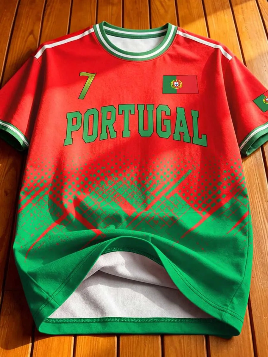 Portugal Style #7 Soccer Jersey – Red & Green Football Tee, Unisex Short Sleeve Sports Shirt for Men & Women