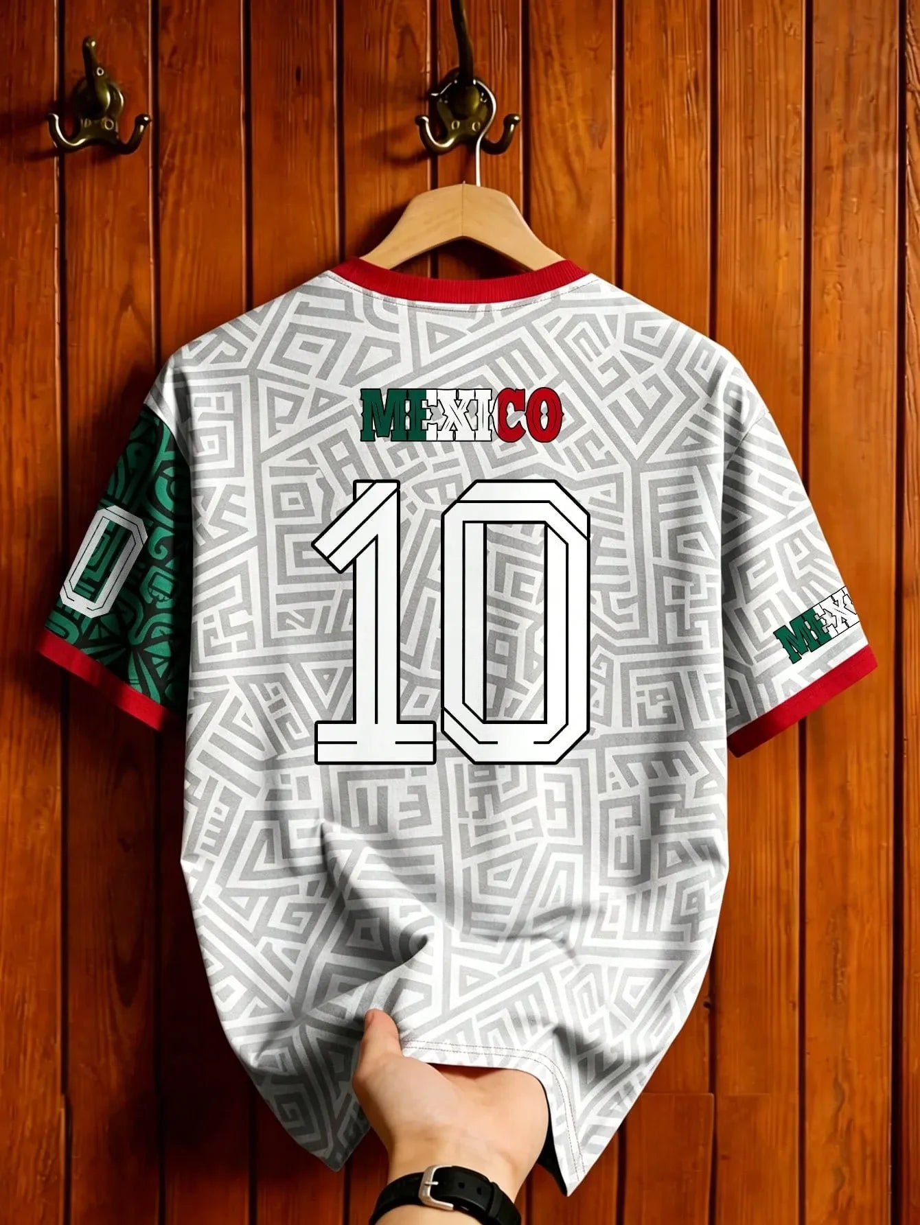 Green & White Mexico Style Soccer Jersey – Mayan Totem Print Tee, Unisex Short Sleeve Football Shirt