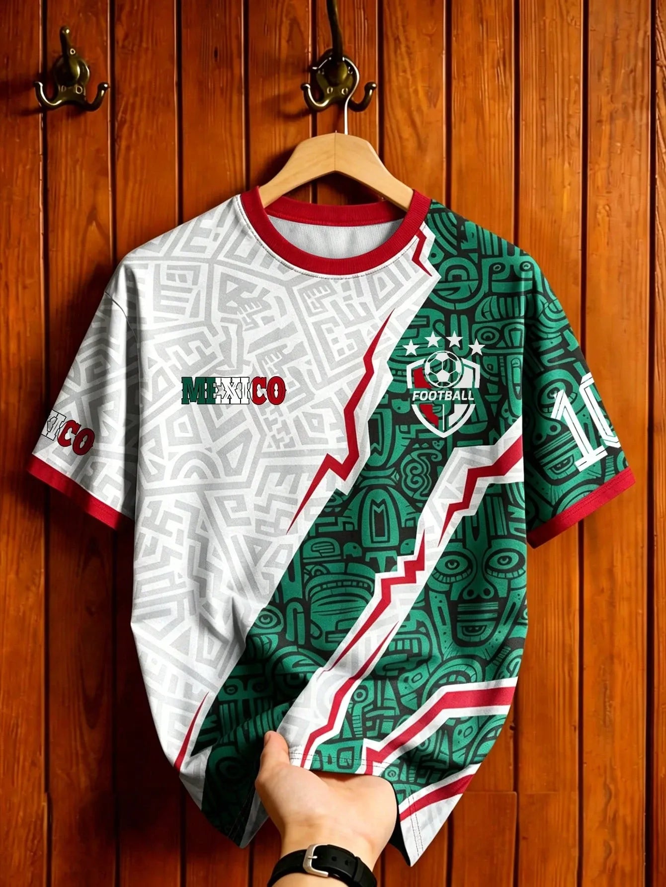 Green & White Mexico Style Soccer Jersey – Mayan Totem Print Tee, Unisex Short Sleeve Football Shirt