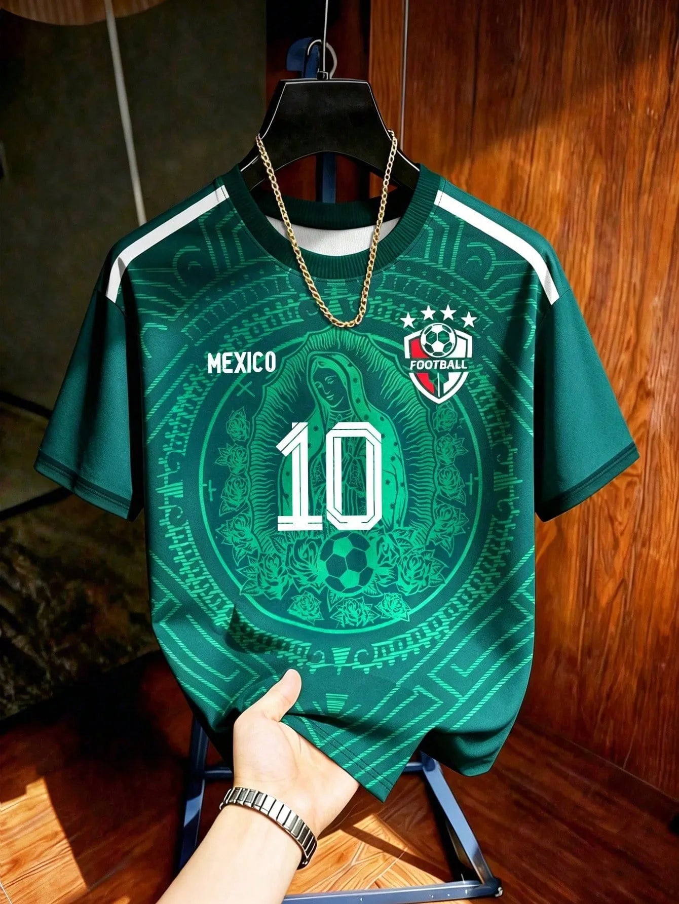 Green Mexico style soccer jersey featuring retro Mayan totem print, unisex short sleeve football tee