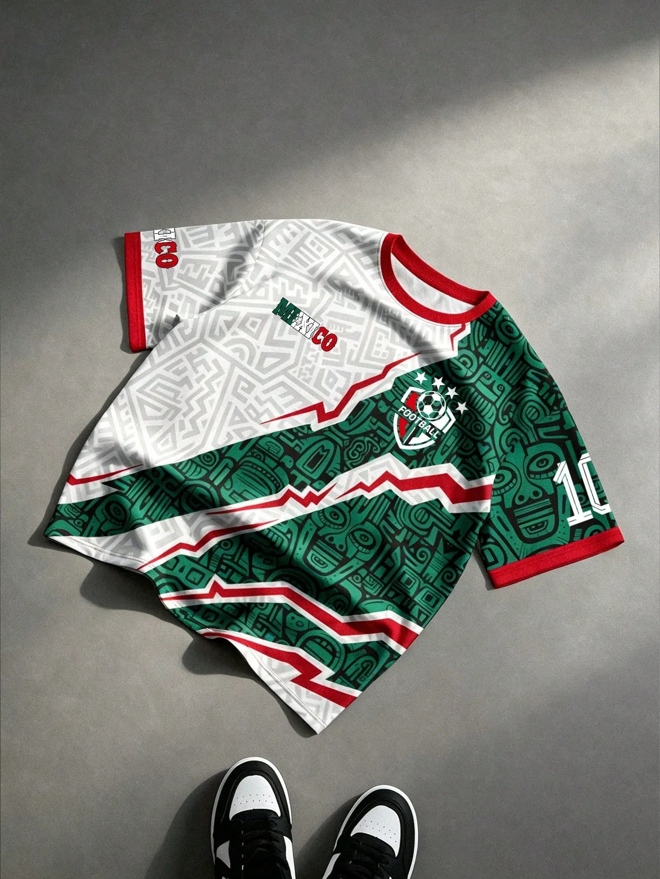 Green & White Mexico Style Soccer Jersey – Mayan Totem Print Tee, Unisex Short Sleeve Football Shirt
