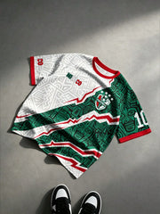 Green & White Mexico Style Soccer Jersey – Mayan Totem Print Tee, Unisex Short Sleeve Football Shirt
