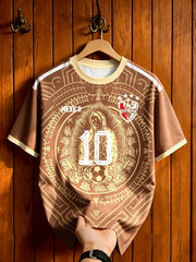 Brown Mexico style soccer jersey with retro Mayan totem print, unisex short sleeve tee