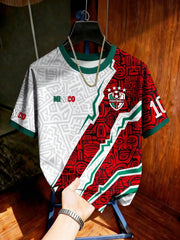 Green and white Mexico style soccer jersey with retro Mayan totem print, unisex short sleeve tee