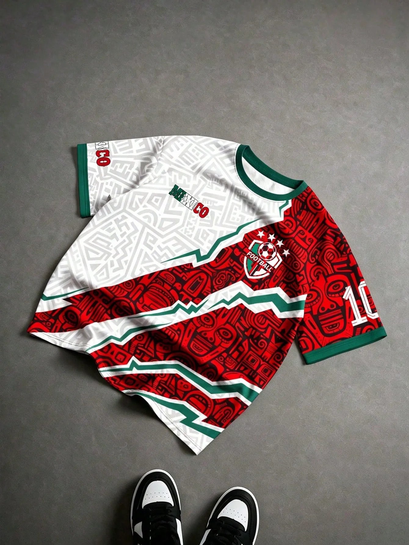 Mexico Style Soccer Jersey – Green & White Mayan Print Graphic Tee, Short Sleeve Football Shirt for Men & Women