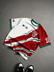 Mexico Style Soccer Jersey – Green & White Mayan Print Graphic Tee, Short Sleeve Football Shirt for Men & Women