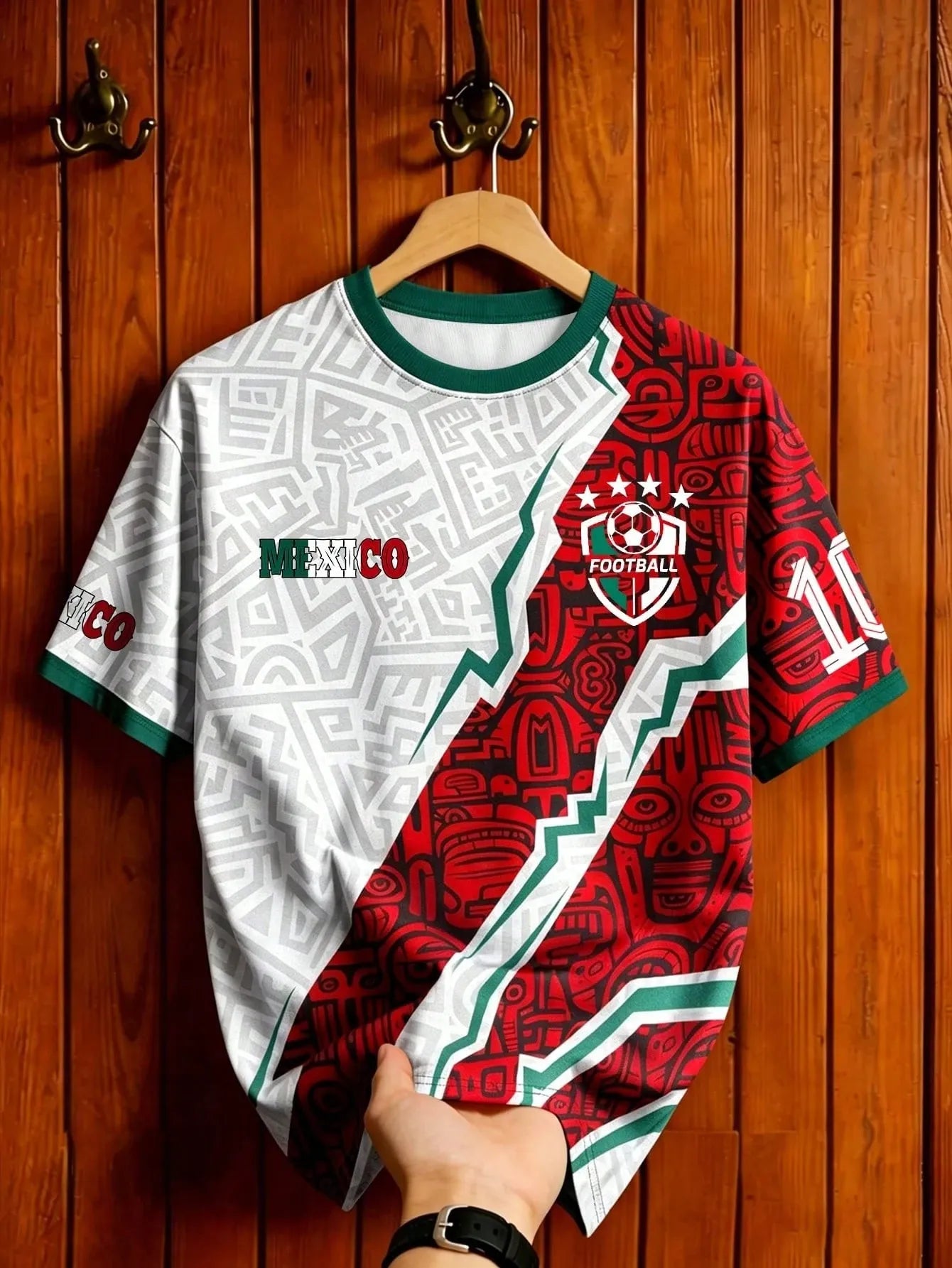 Mexico Style Soccer Jersey – Green & White Mayan Print Graphic Tee, Short Sleeve Football Shirt for Men & Women
