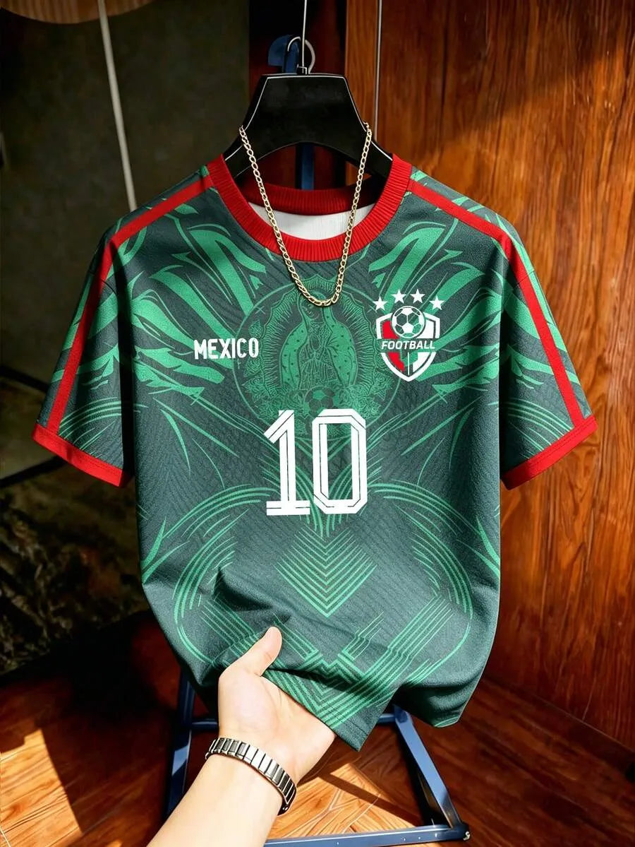 Green and red Mexico style number 10 soccer jersey with palm-leaf graphic, unisex short sleeve football tee