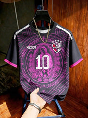 Purple Mexico style soccer jersey featuring retro Mayan totem print, unisex short sleeve football tee