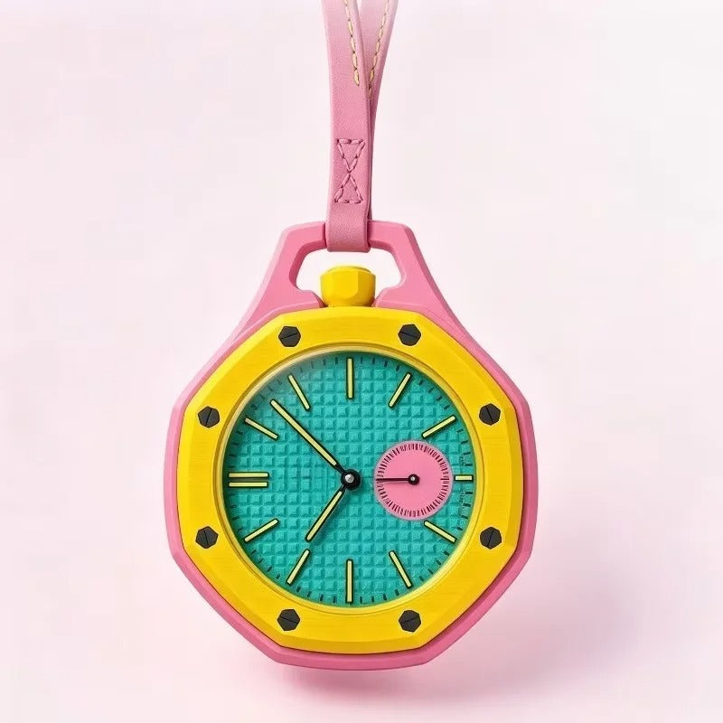 Colorful Quartz Pocket Watch – Modern Clip On Watch for Bags & Clothing | Hexagonal Waffle Dial, Open Back Design