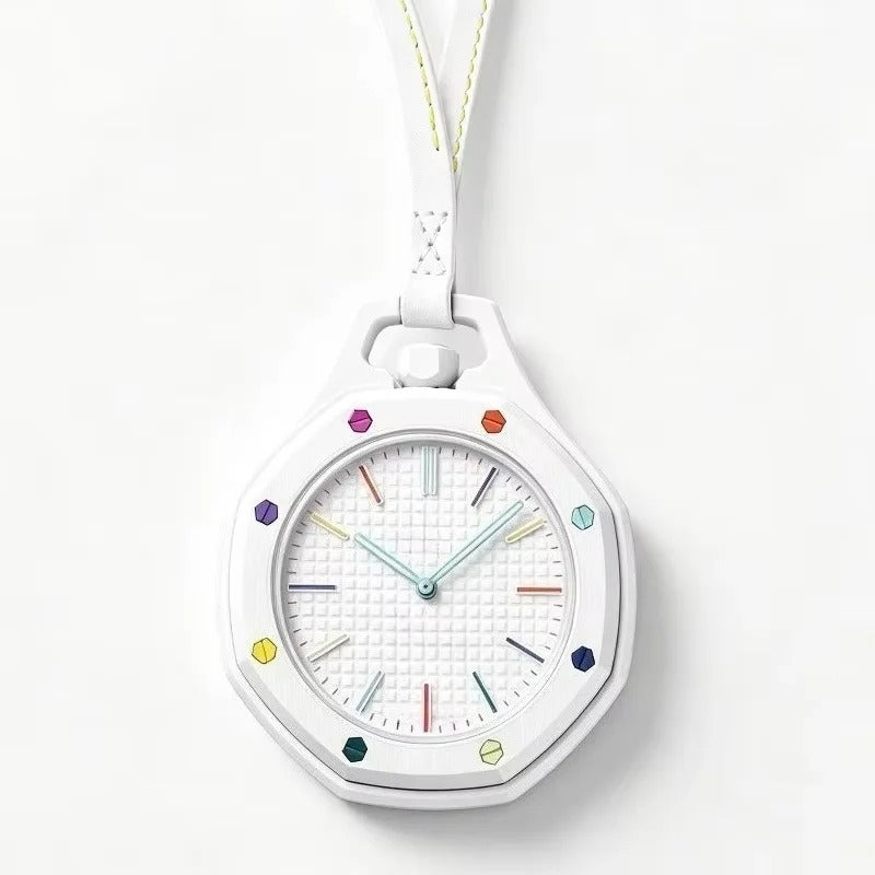 Colorful Quartz Pocket Watch – Modern Clip On Watch for Bags & Clothing | Hexagonal Waffle Dial, Open Back Design