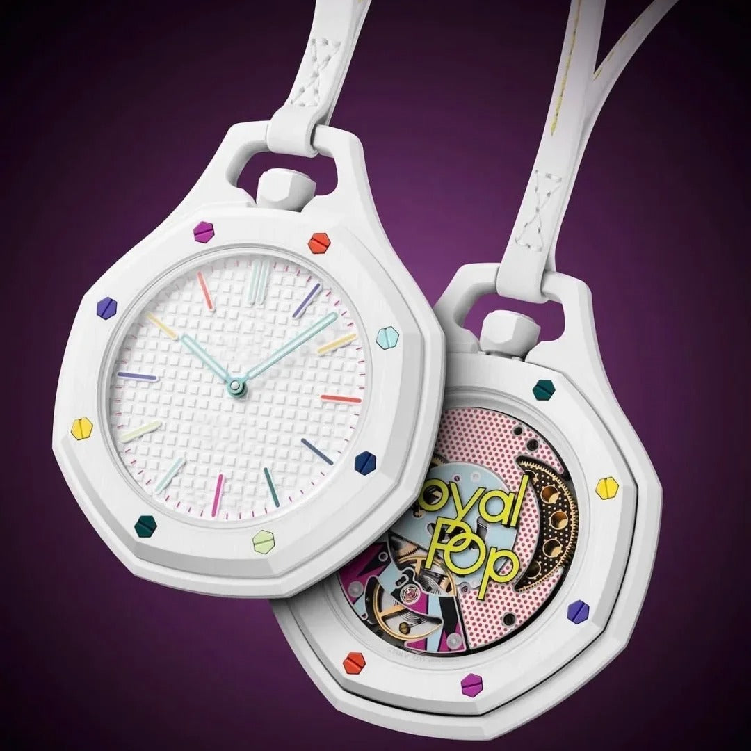 Colorful Quartz Pocket Watch – Modern Clip On Watch for Bags & Clothing | Hexagonal Waffle Dial, Open Back Design