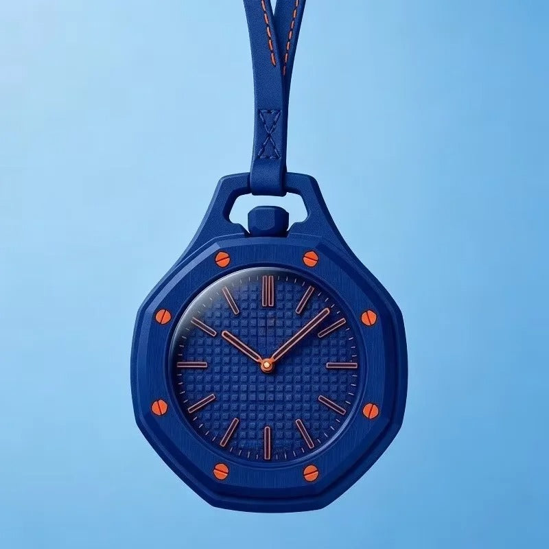 Colorful Quartz Pocket Watch – Modern Clip On Watch for Bags & Clothing | Hexagonal Waffle Dial, Open Back Design