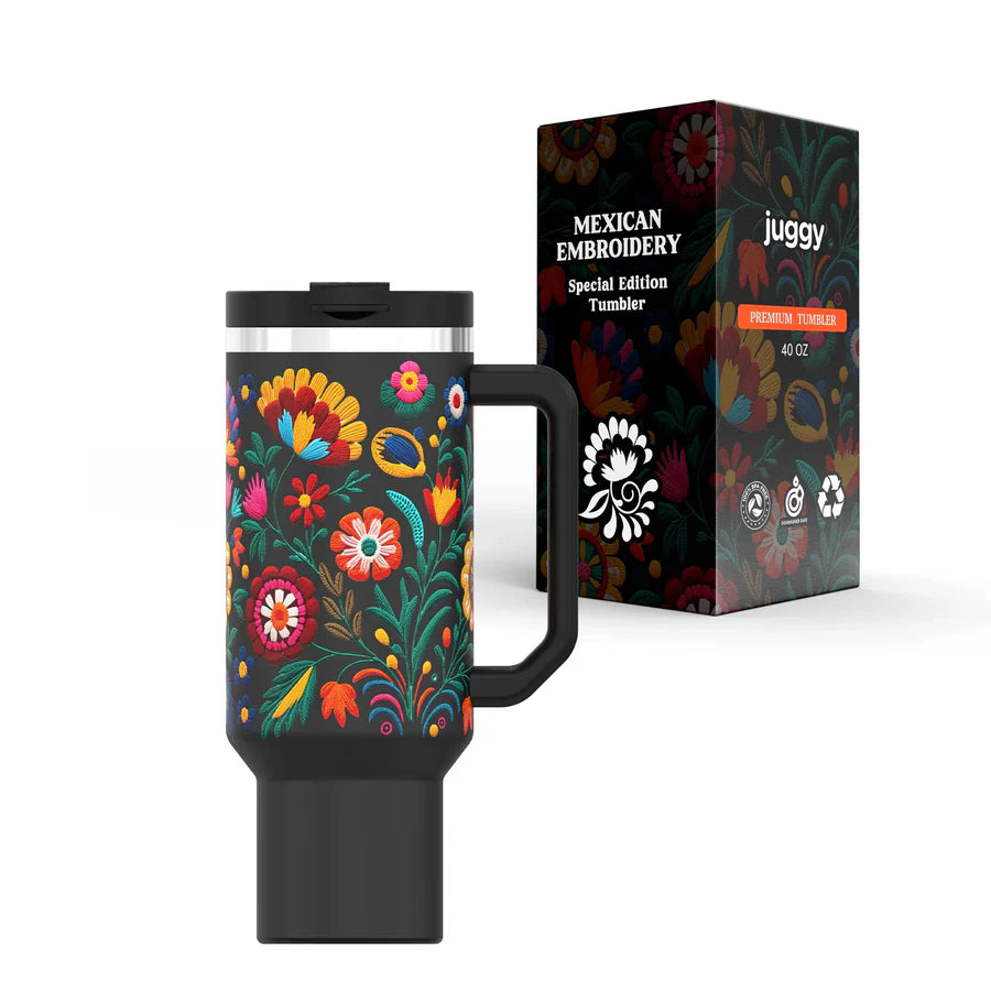 Bordado 40oz stainless steel tumbler with 3D Mexican embroidery design and handle